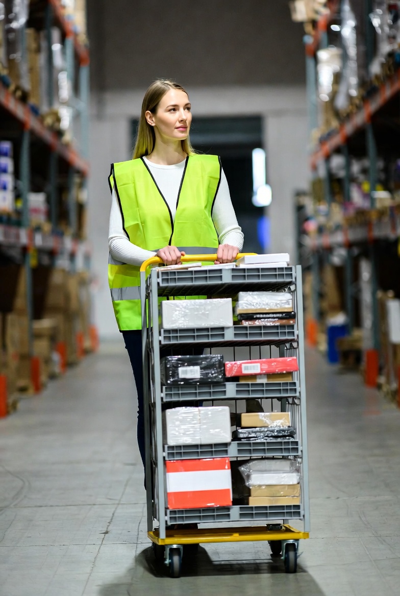 Raktári munkatárs termékeket gyűjt össze tekercsekből, precíz picking folyamat során